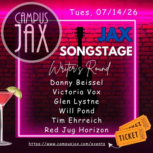 JAX SongStageSinger-Songwriter ShowcaseDanny Beissel,&nbsp;Victoria Vox,&nbsp;Glen Lystne,&nbsp;Will Pond,&nbsp;Tim Ehrreich,&nbsp;Red Jug Horizon